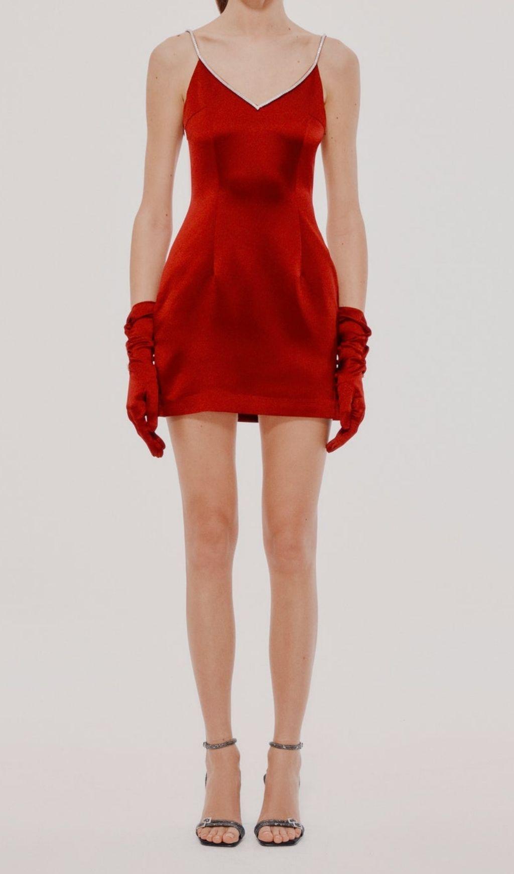 MINI ABITO IN RASO CON FIOCCO SULLA SCHIENA ROSSO VINO