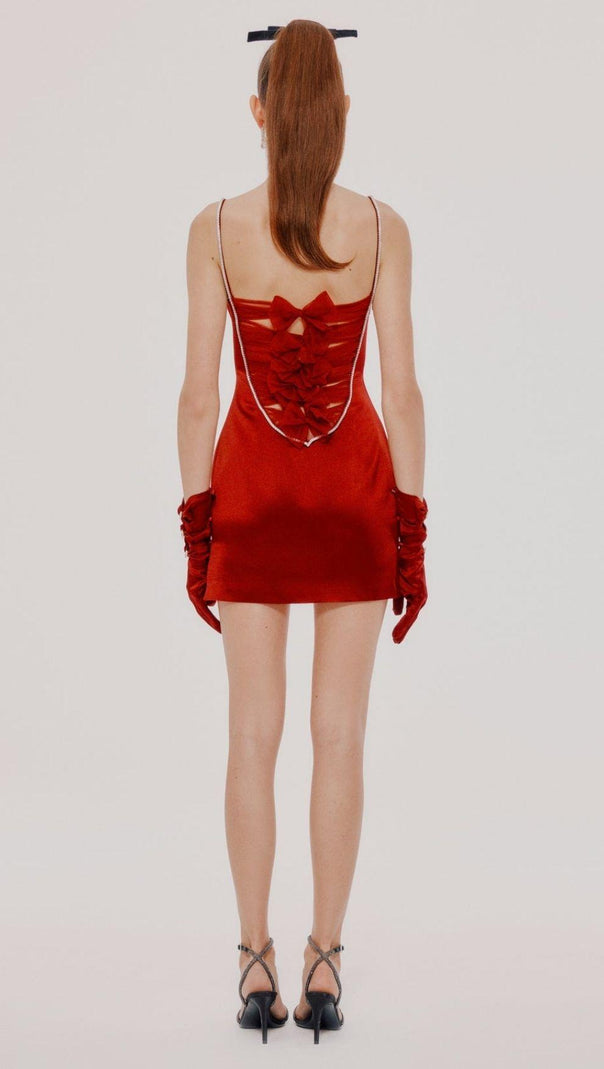 AIIZIE SATIN BOW BACK MINI DRESS IN WINE RED - product image