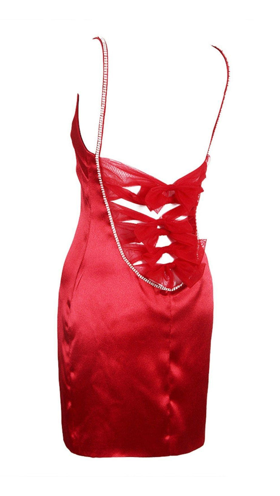 MINIKLEID AUS SATIN MIT SCHLEIFE AUF DER RÜCKSEITE IN WEINROT