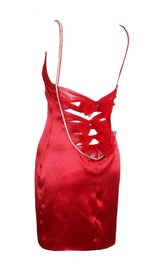 SATIN BOW BACK MINI DRESS IN WINE RED