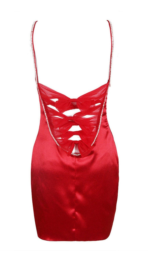 AIIZIE SATIN BOW BACK MINI DRESS IN WINE RED - product image