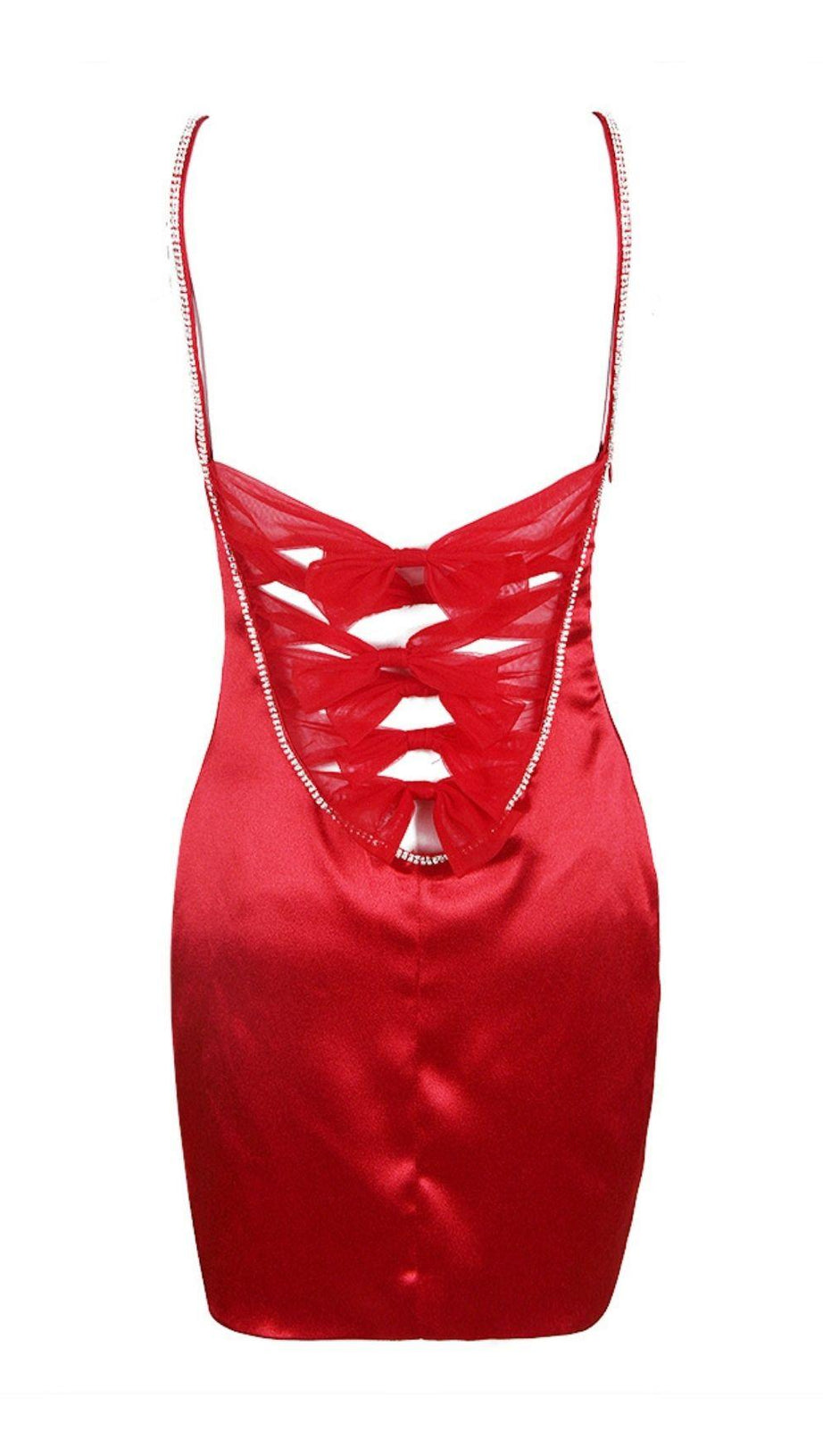 MINIKLEID AUS SATIN MIT SCHLEIFE AUF DER RÜCKSEITE IN WEINROT