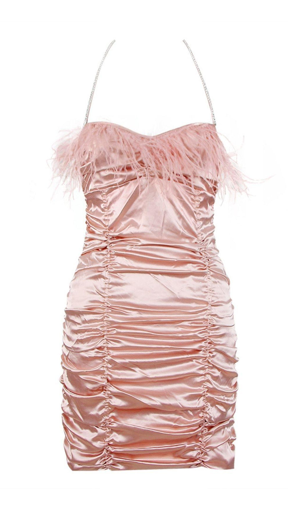 RUCHED FEATHER MINI DRESS IN PINK