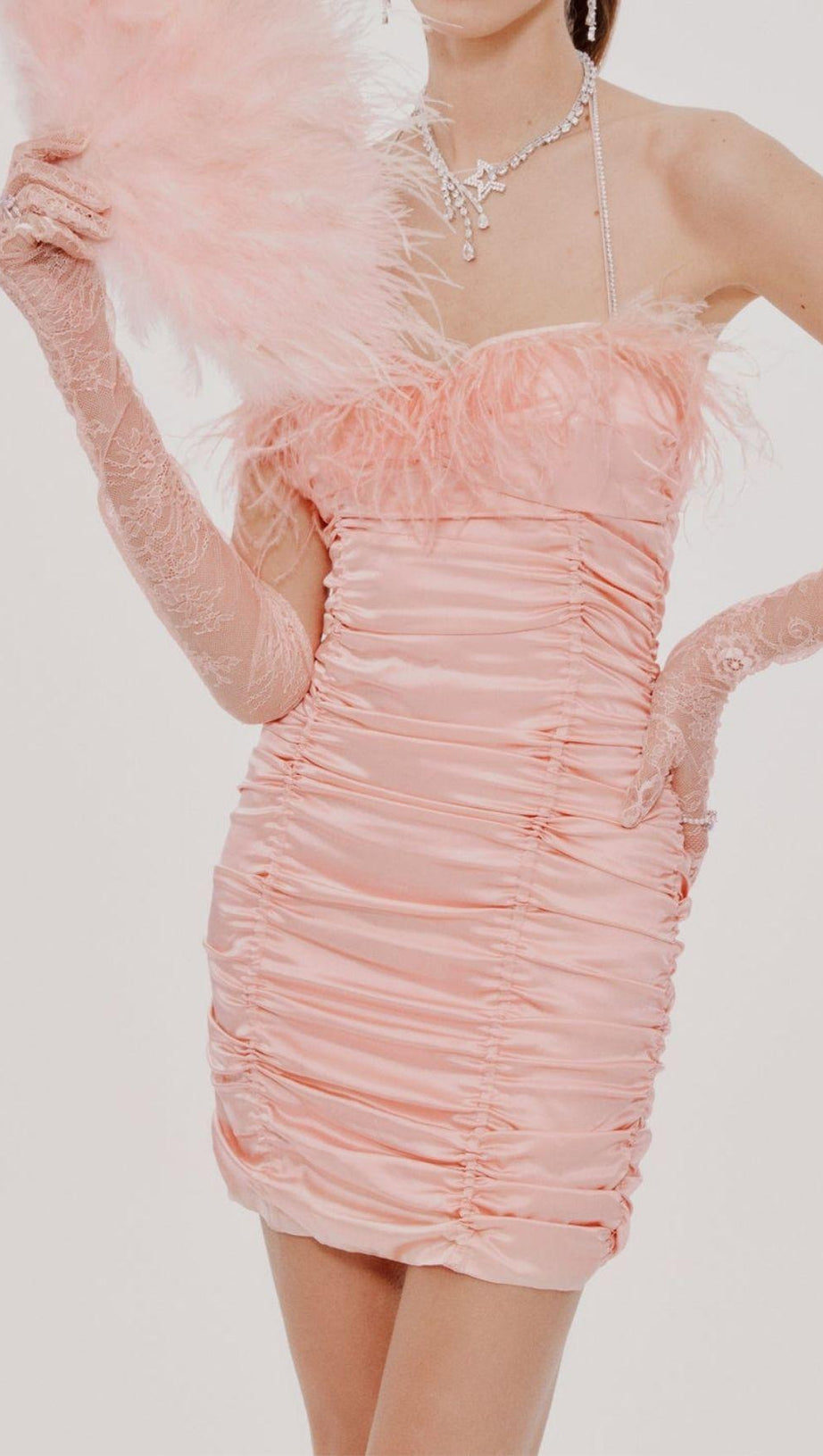 RUCHED FEATHER MINI DRESS IN PINK