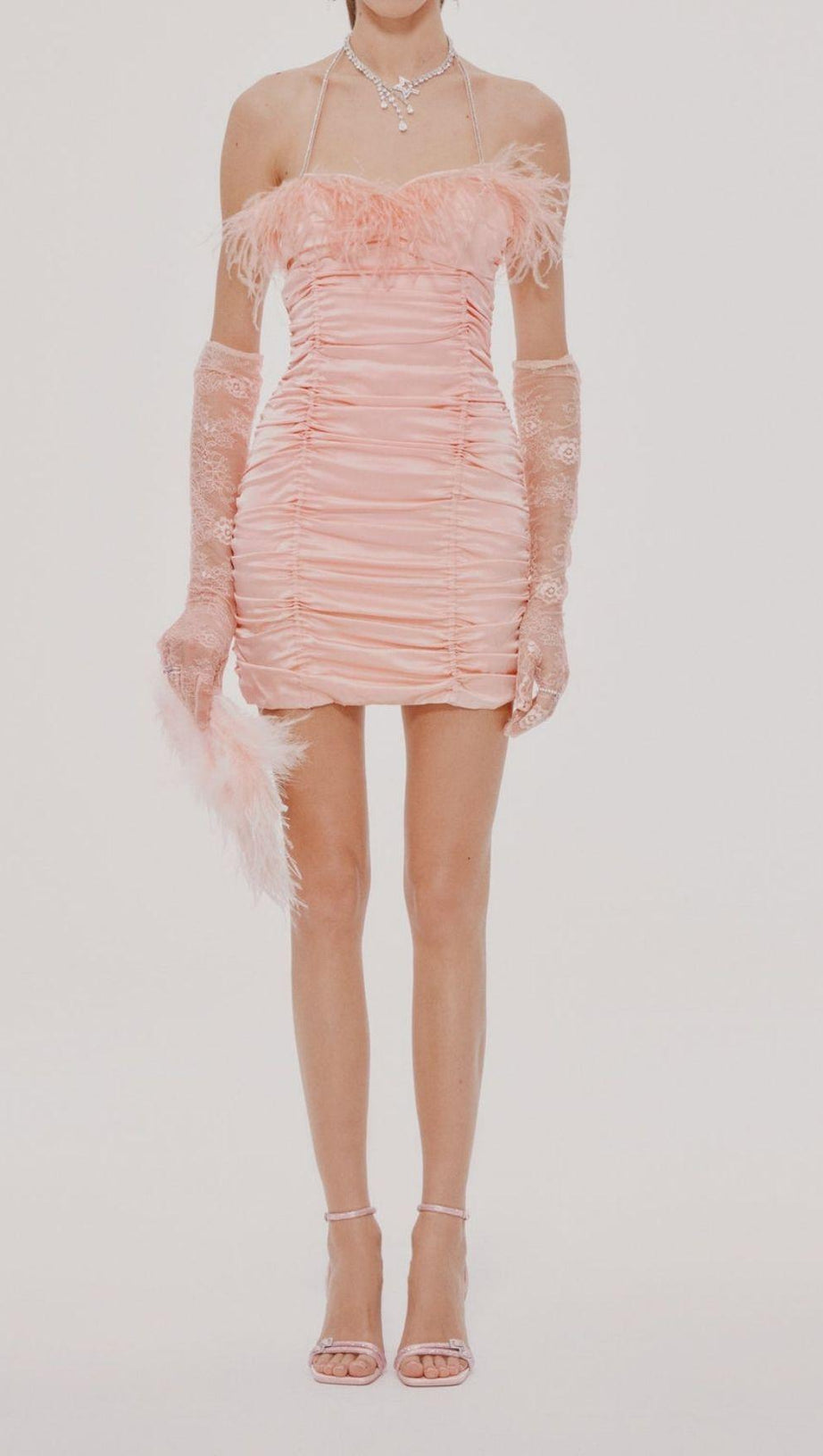 RUCHED FEATHER MINI DRESS IN PINK