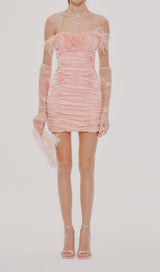 RUCHED FEATHER MINI DRESS IN PINK