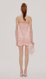 RUCHED FEATHER MINI DRESS IN PINK