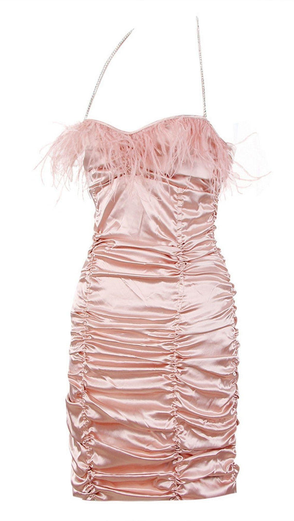 AIIZIE RUCHED FEATHER MINI DRESS IN PINK - product image