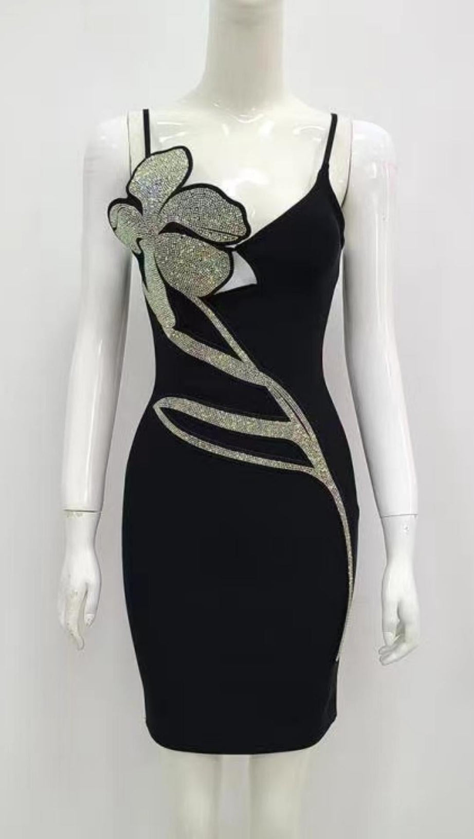 MINI ABITO CON BENDAGGIO E FIORI DI CRISTALLO