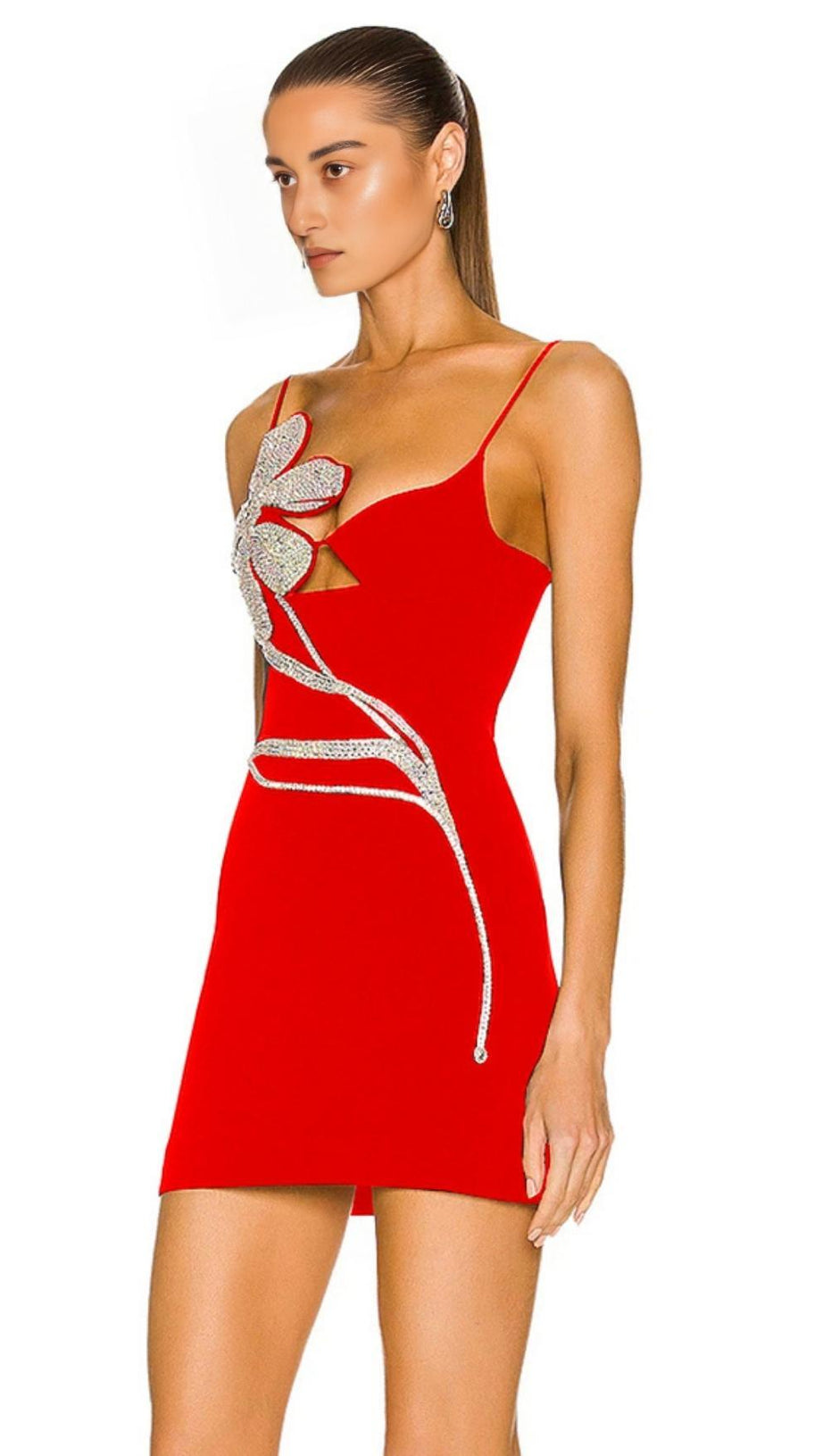 MINI ABITO CON BENDAGGIO E FIORI DI CRISTALLO