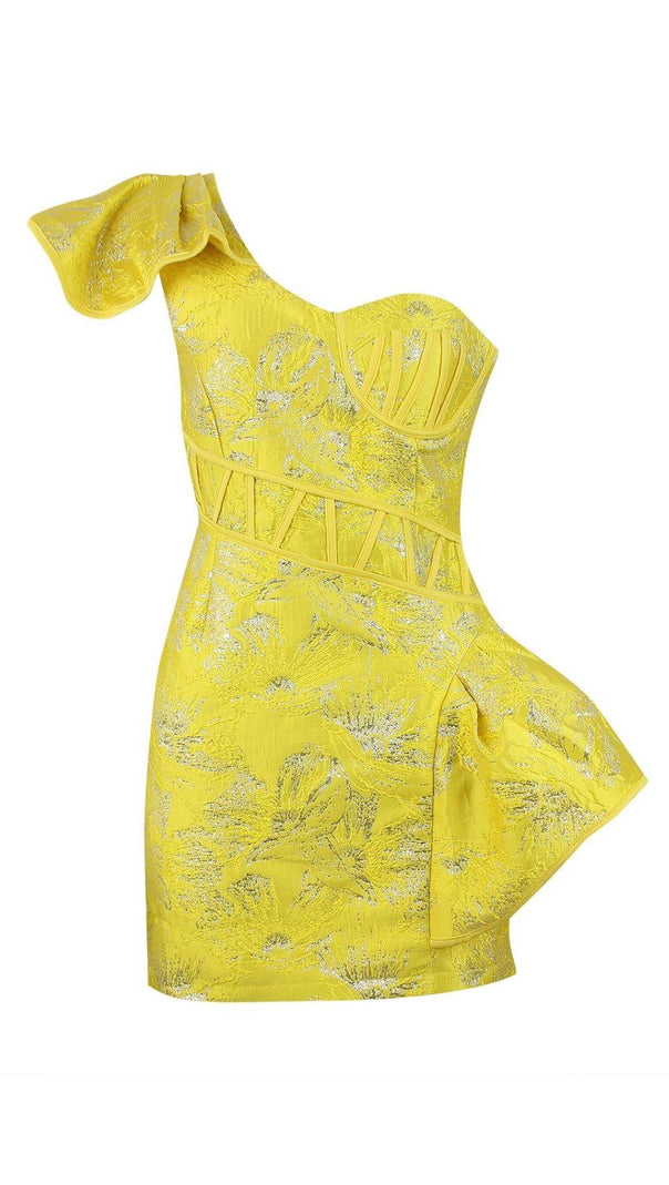 AIIZIE JACQUARD ONE SHOULDER MINI DRESS IN YELLOW - product image