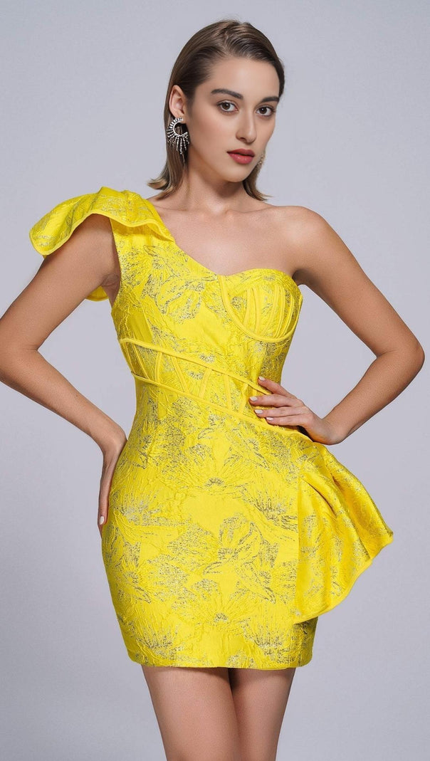 AIIZIE JACQUARD ONE SHOULDER MINI DRESS IN YELLOW - product image