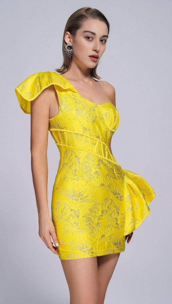 AIIZIE JACQUARD ONE SHOULDER MINI DRESS IN YELLOW - product image