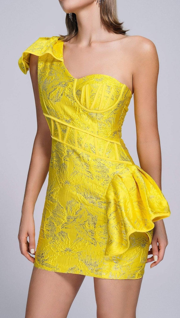 AIIZIE JACQUARD ONE SHOULDER MINI DRESS IN YELLOW - product image