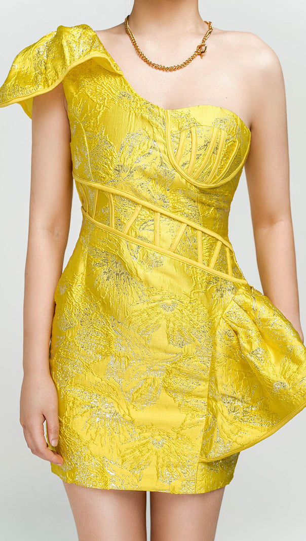 AIIZIE JACQUARD ONE SHOULDER MINI DRESS IN YELLOW - product image