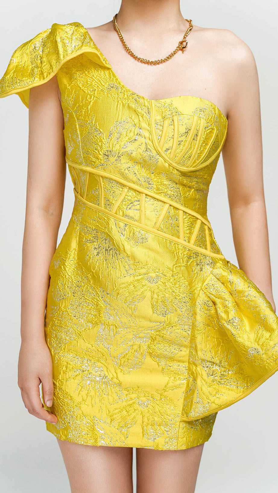 JACQUARD ONE SHOULDER MINI DRESS IN YELLOW