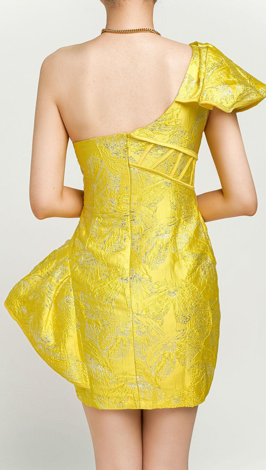 JACQUARD ONE SHOULDER MINI DRESS IN YELLOW