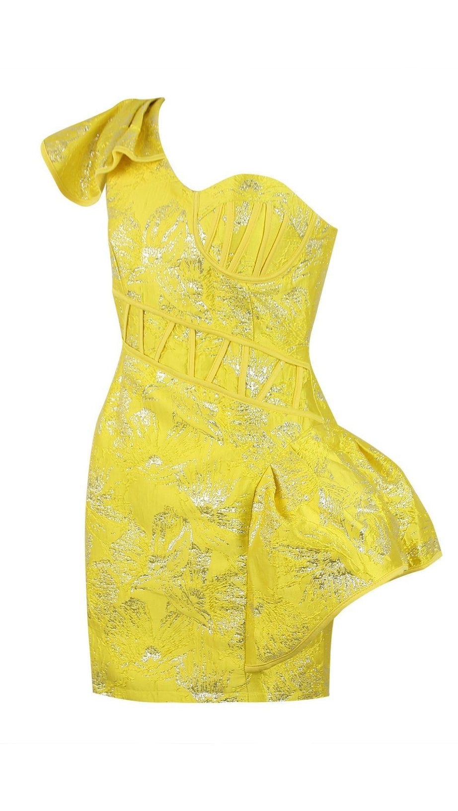 JACQUARD ONE SHOULDER MINI DRESS IN YELLOW