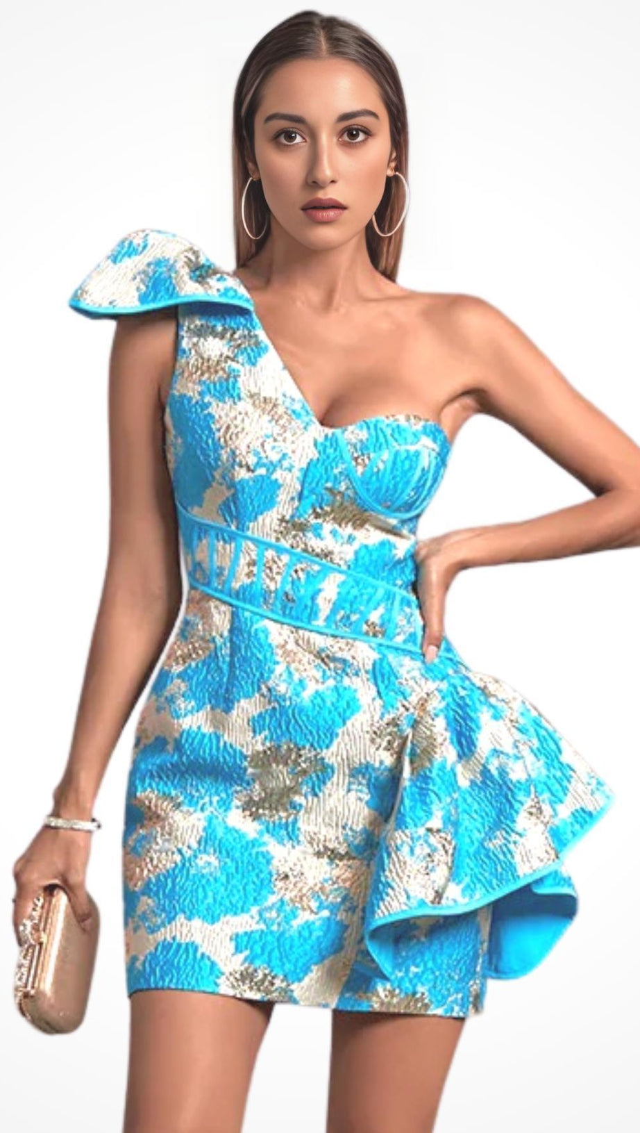 JACQUARD ONE SHOULDER MINI DRESS IN YELLOW