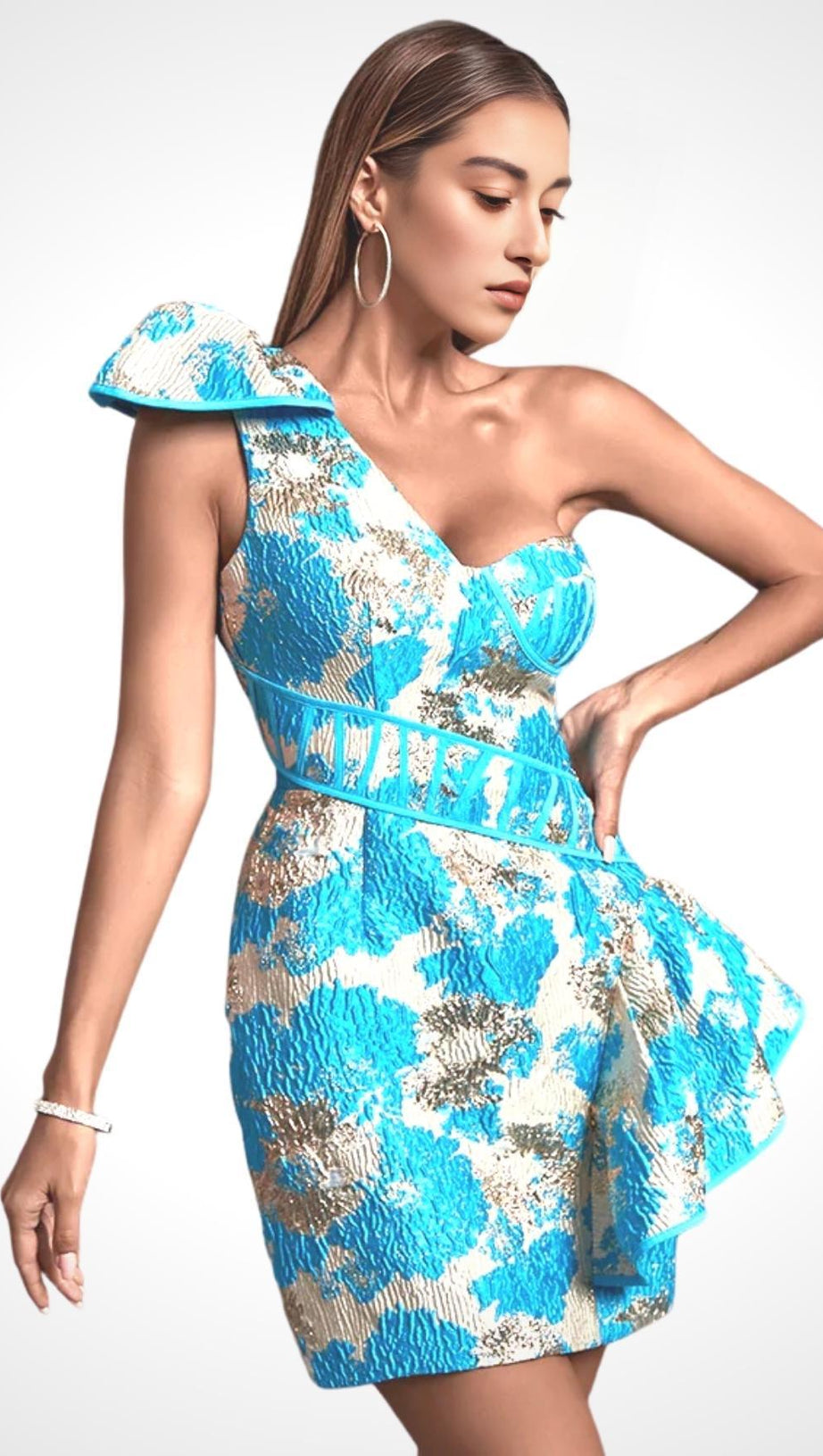 JACQUARD ONE SHOULDER MINI DRESS IN YELLOW