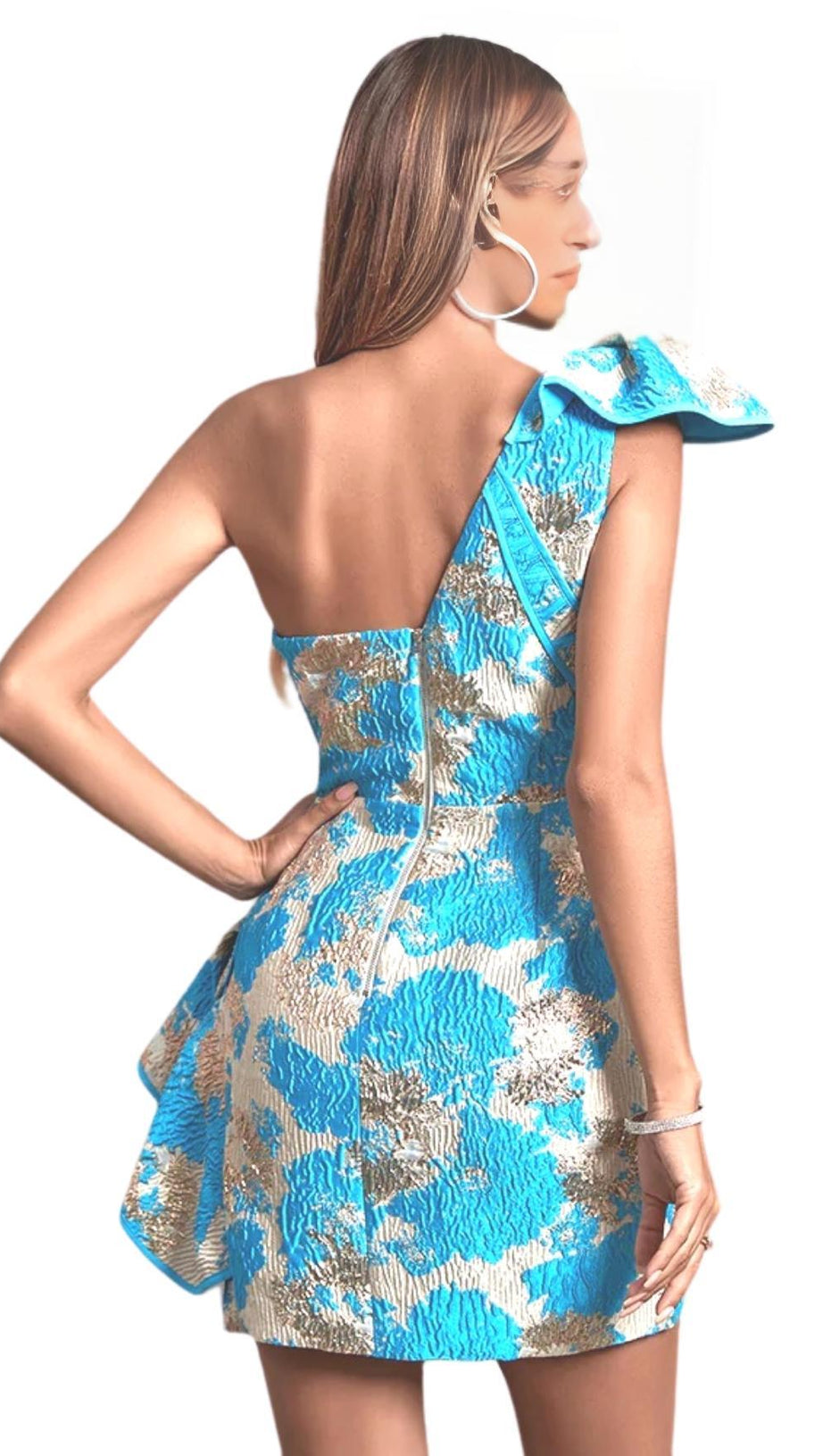 JACQUARD ONE SHOULDER MINI DRESS IN YELLOW