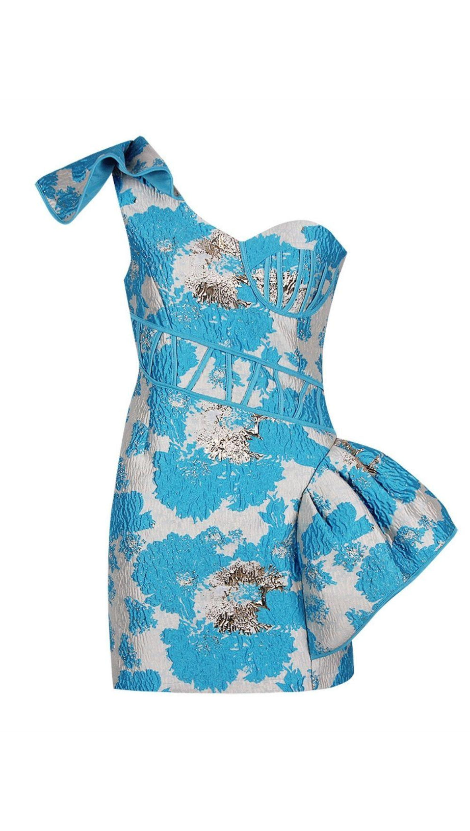 JACQUARD ONE SHOULDER MINI DRESS IN YELLOW