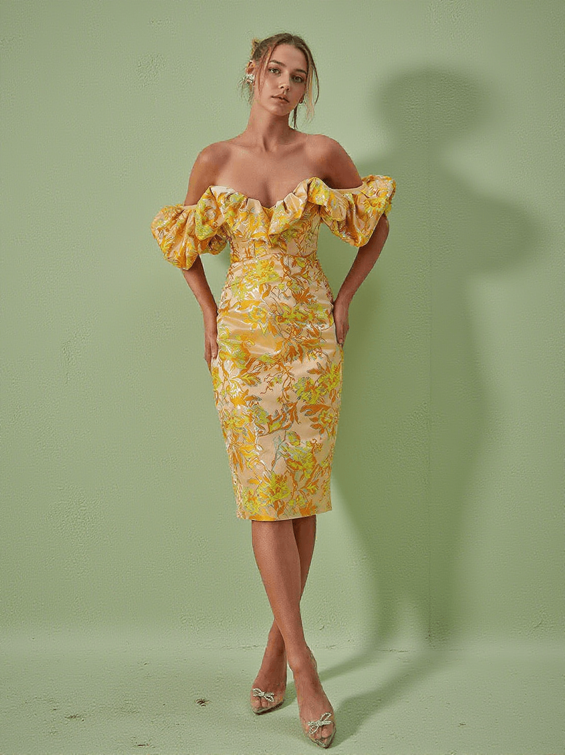 KORE OFF SHOULDER JACQUARD MIDI DRESS