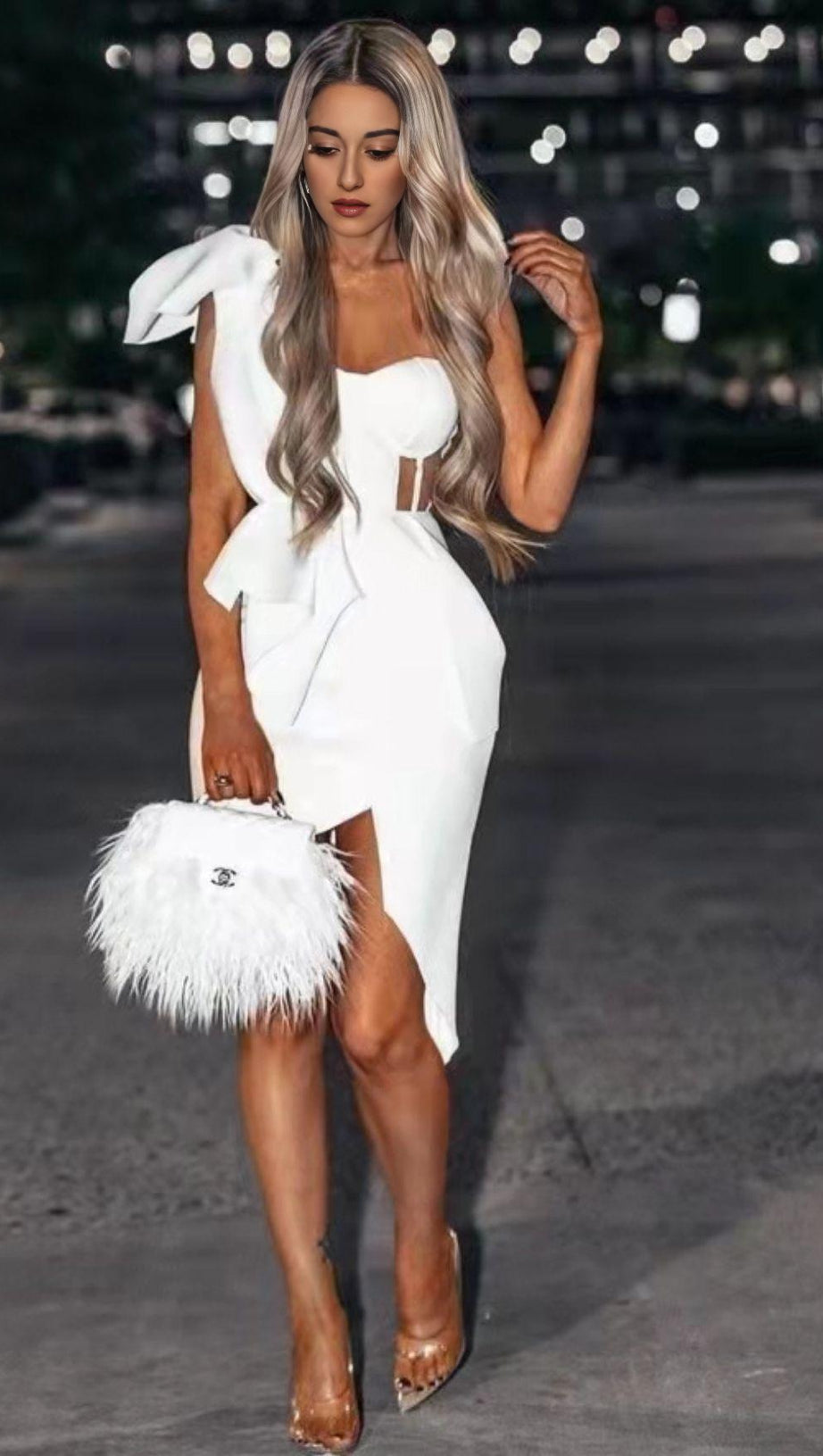 IRREGULAR STITCHING PETAL PLEATED DRESS IN WHITE