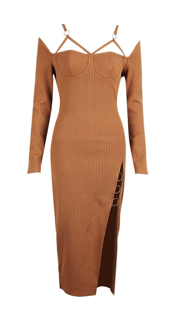 AIIZIE CUT OUT SLIPT MAXI DRESS IN BROWN - product image