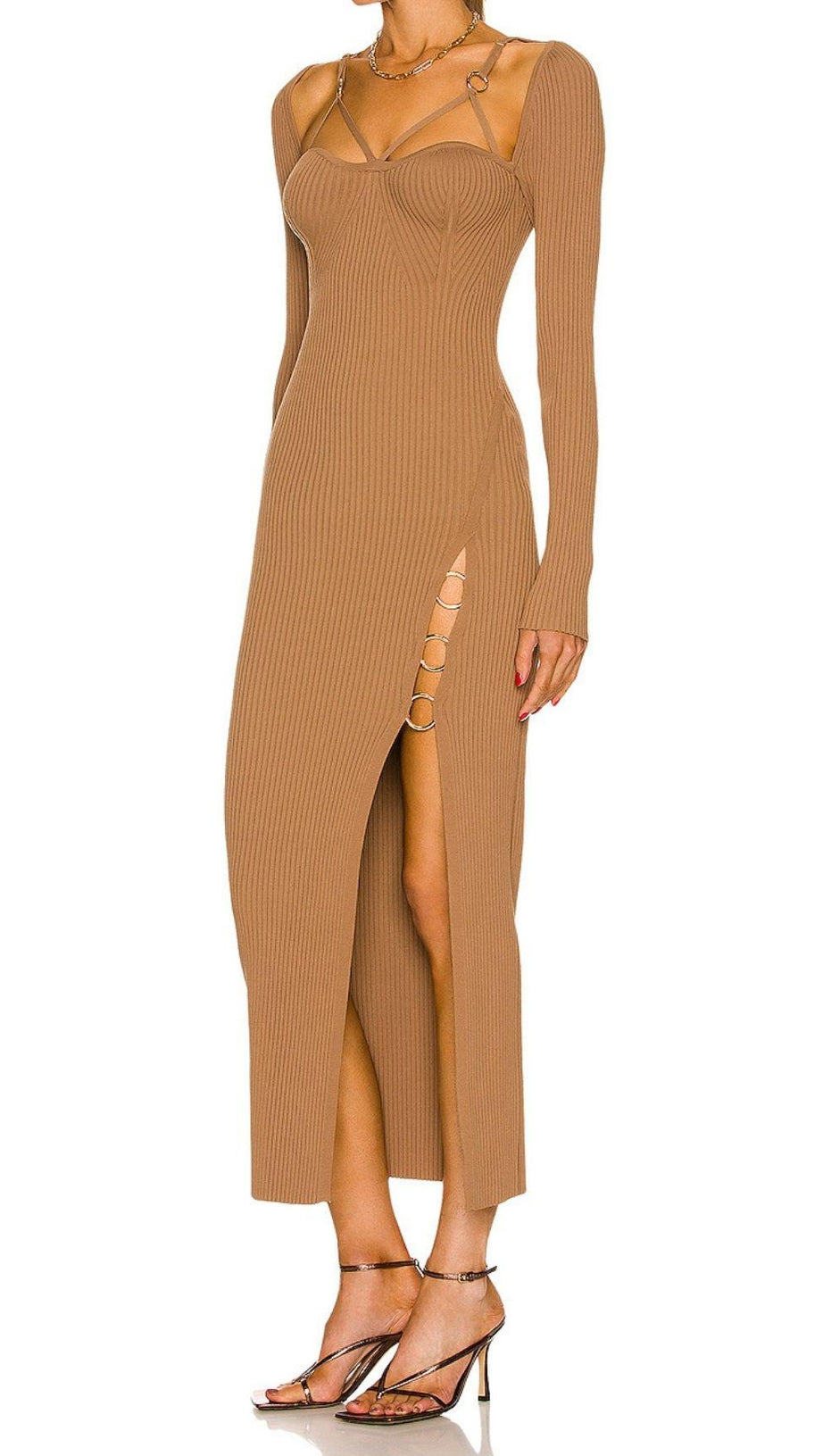 CUT OUT SLIPT MAXI DRESS IN BROWN