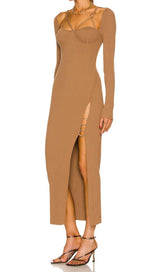 CUT OUT SLIPT MAXI DRESS IN BROWN