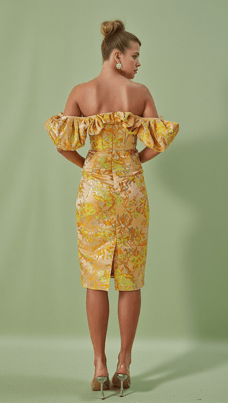 KORE OFF SHOULDER JACQUARD MIDI DRESS