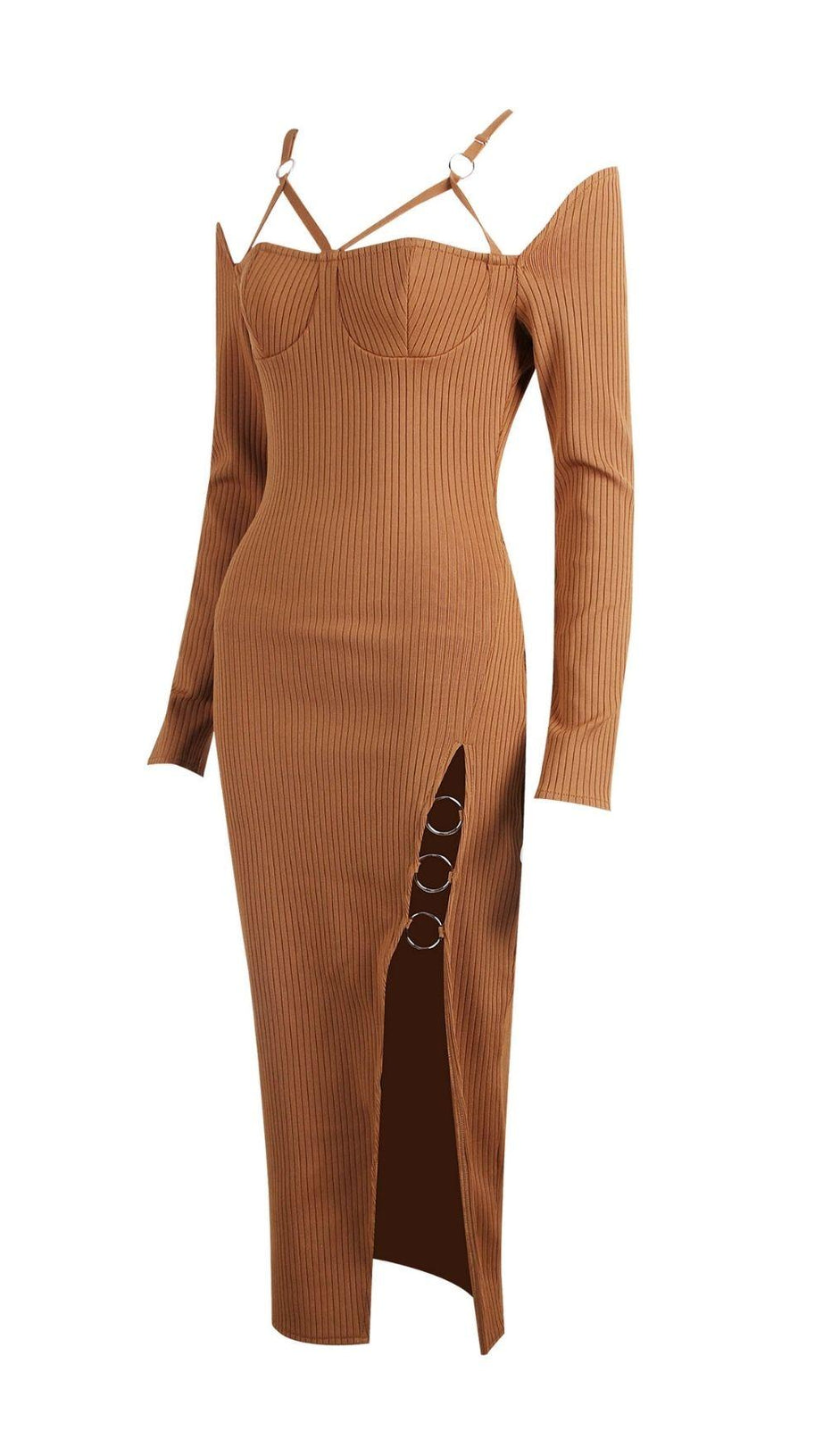 CUT OUT SLIPT MAXI DRESS IN BROWN