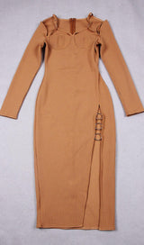 CUT OUT SLIPT MAXI DRESS IN BROWN