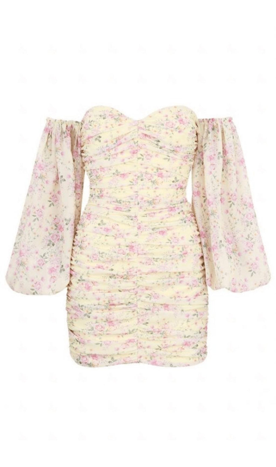 ABITO CORSETTO CON RUCHES E FIORI LIMONE 