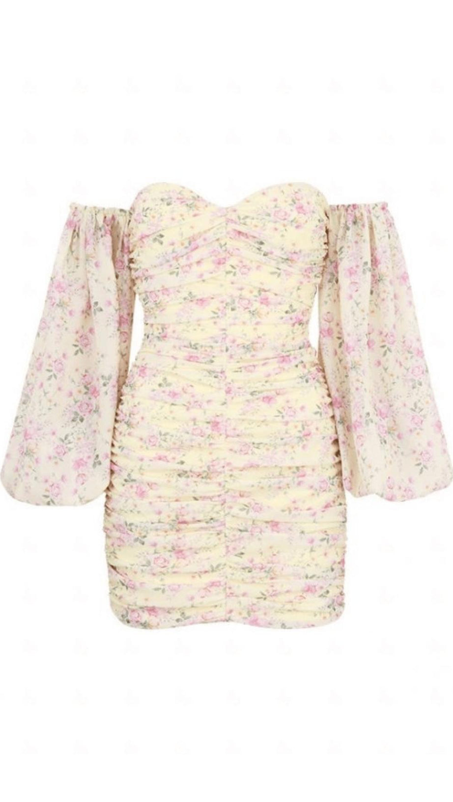 Zitronenfarbenes, geblümtes Korsettkleid mit Rüschen 