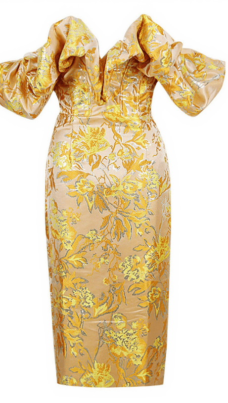 KORE OFF SHOULDER JACQUARD MIDI DRESS