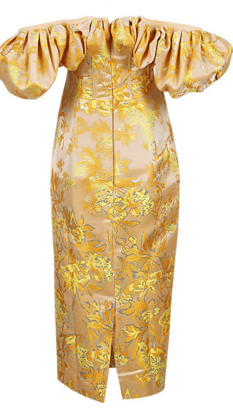 KORE OFF SHOULDER JACQUARD MIDI DRESS