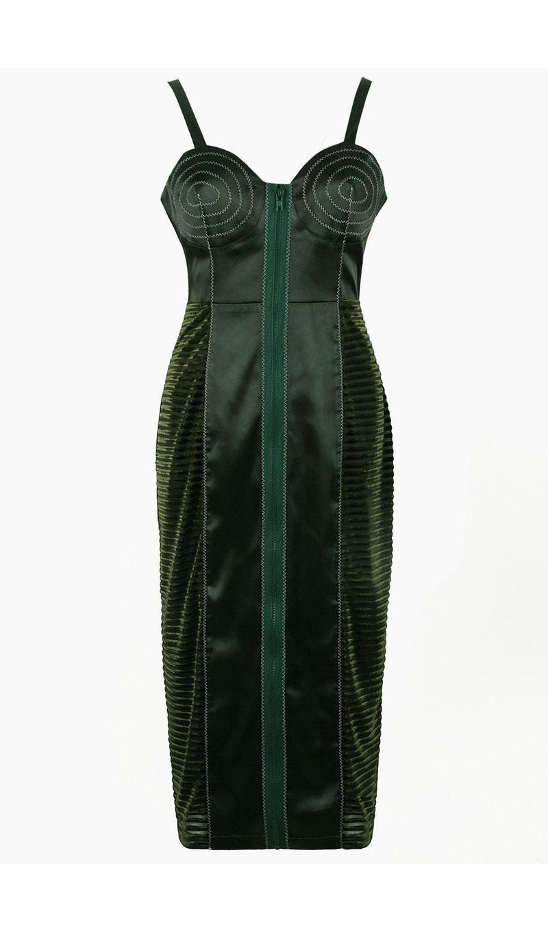 SATIN MIDI DRESS IN BLACKISH GREEN