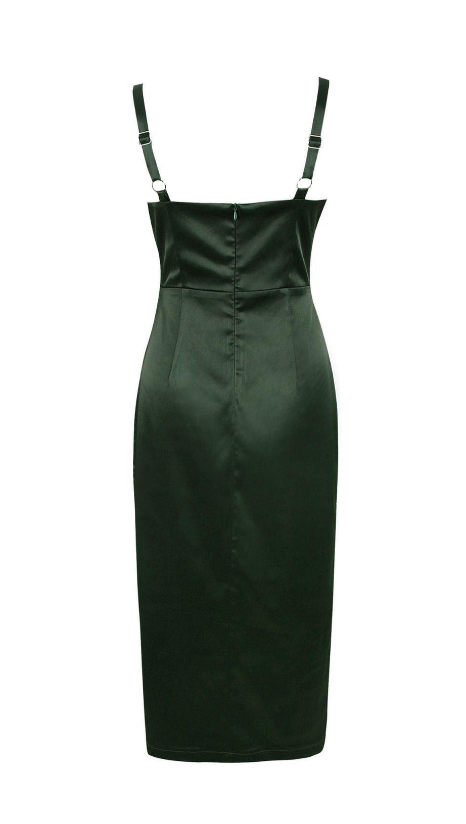 SATIN MIDI DRESS IN BLACKISH GREEN