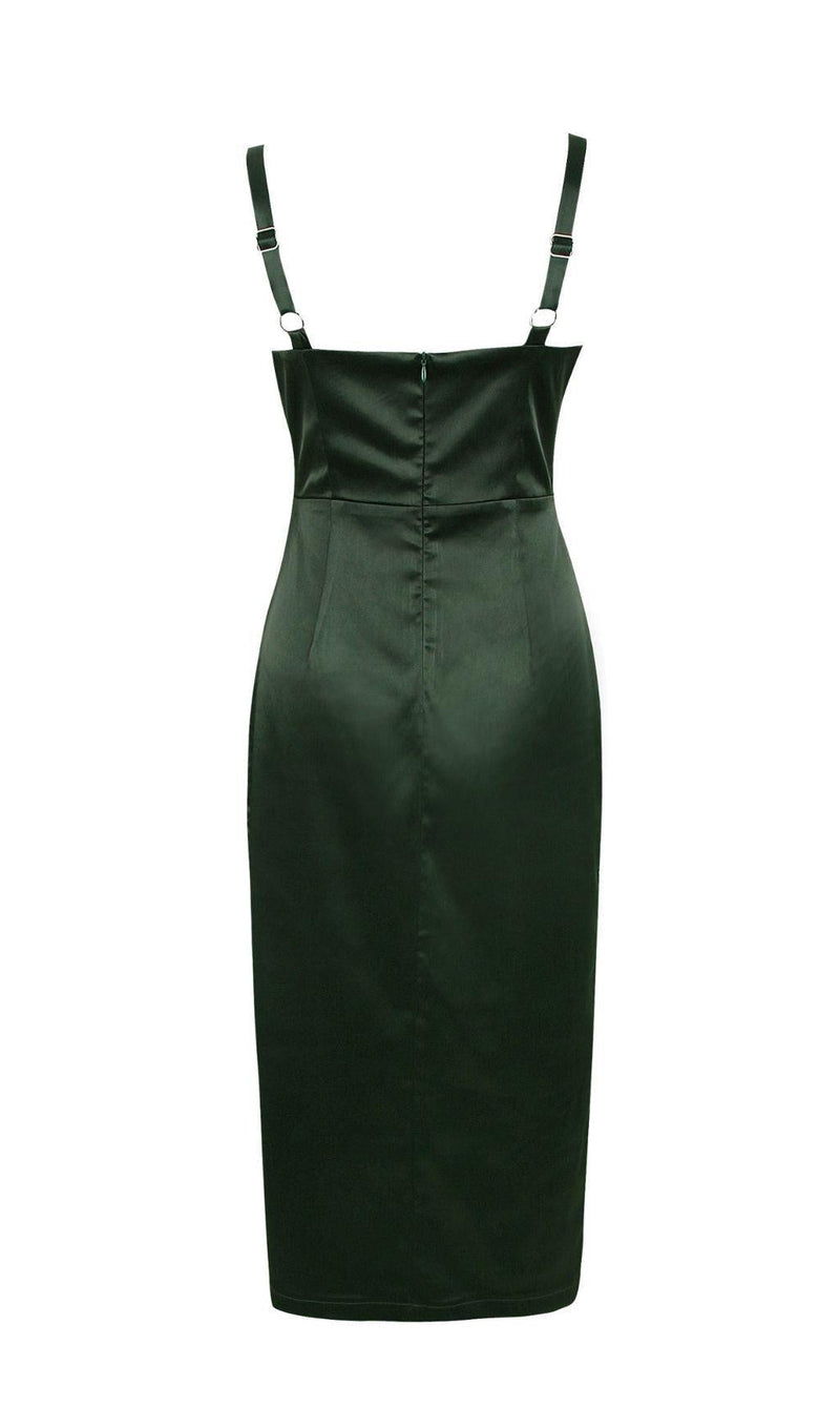 SATIN MIDI DRESS IN BLACKISH GREEN