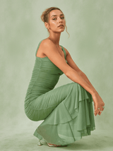 Eri Ruched Mesh Maxi Dress In Green