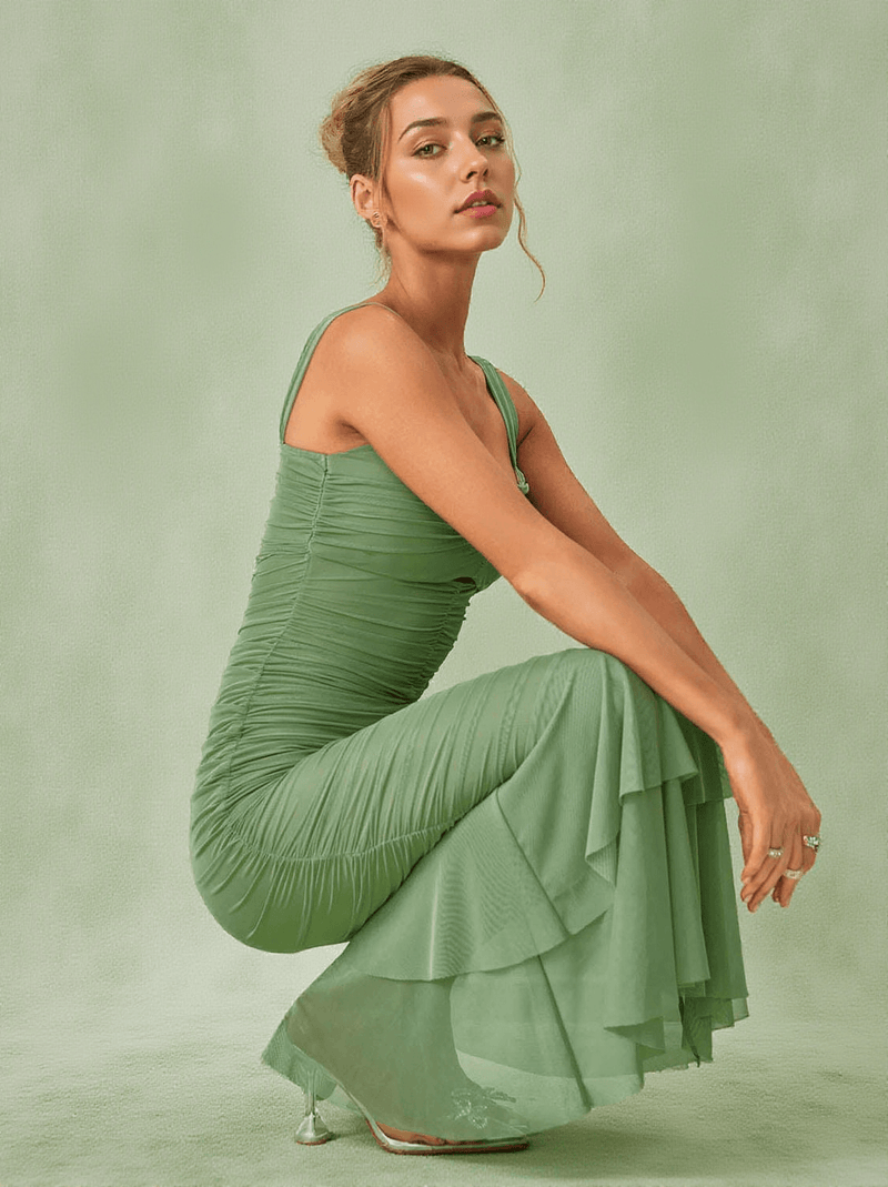 Eri Ruched Mesh Maxi Dress In Green