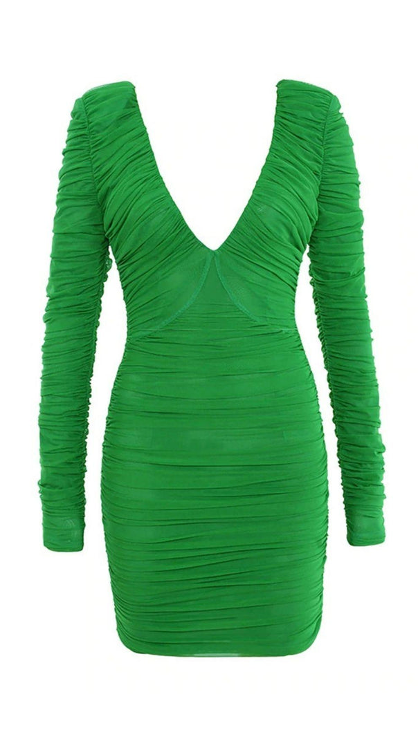AIIZIE PLUNGE RUCHED MINI DRESS IN GREEN - product image