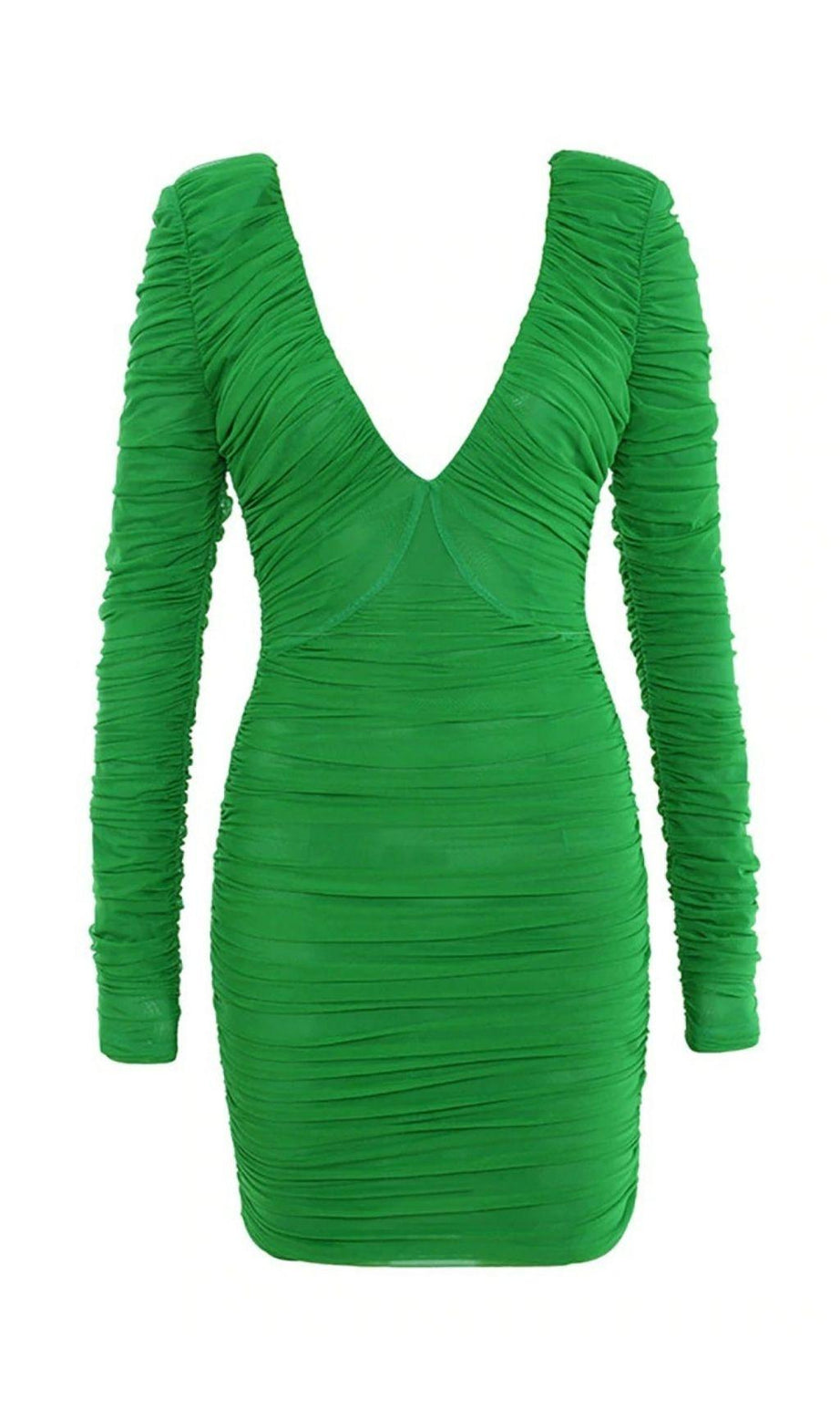 PLUNGE RUCHED MINI DRESS IN GREEN