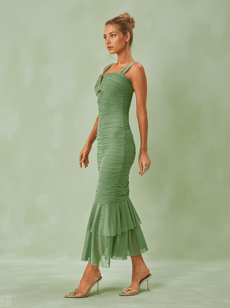 Eri Ruched Mesh Maxi Dress In Green