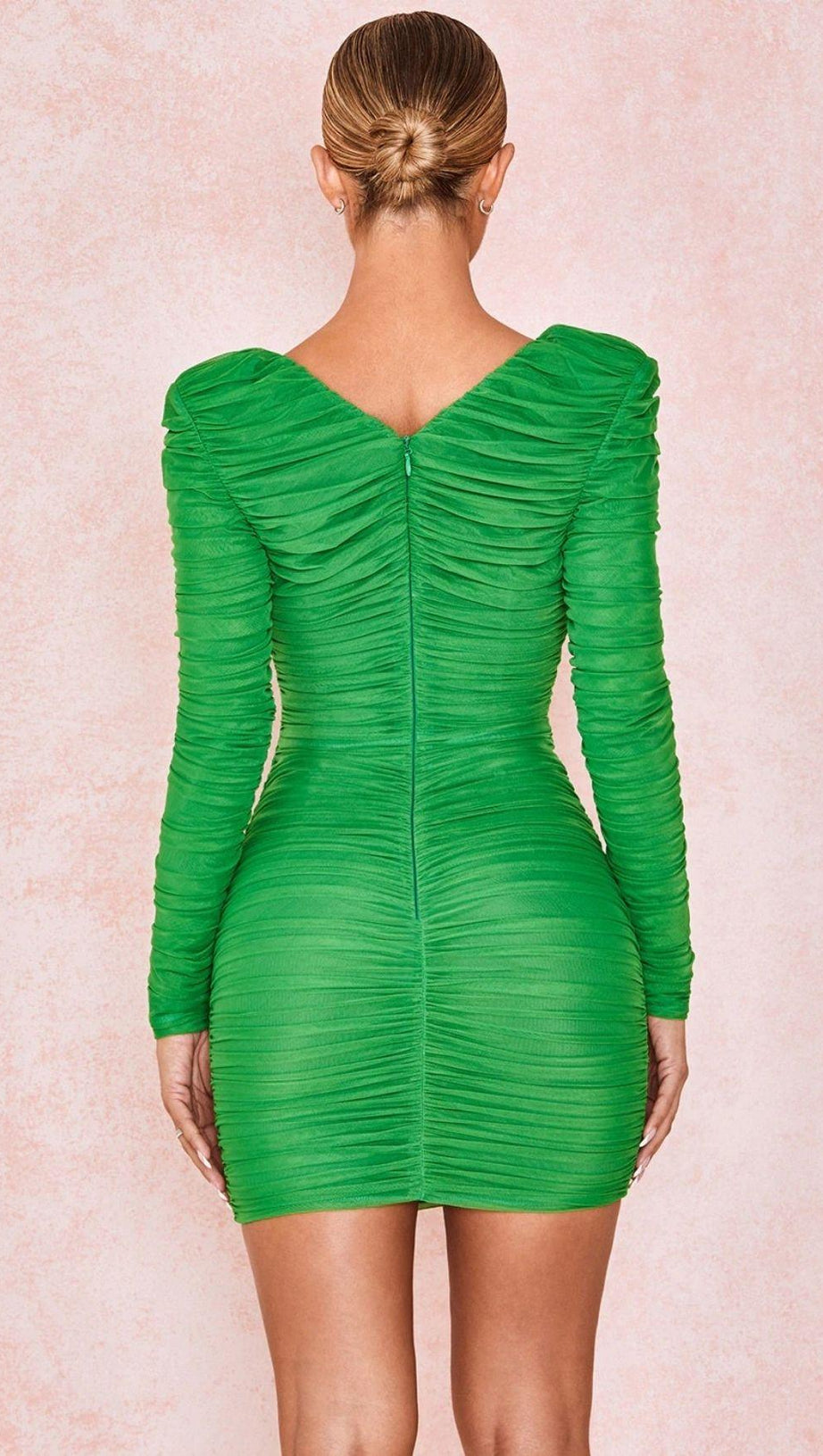 PLUNGE RUCHED MINI DRESS IN GREEN