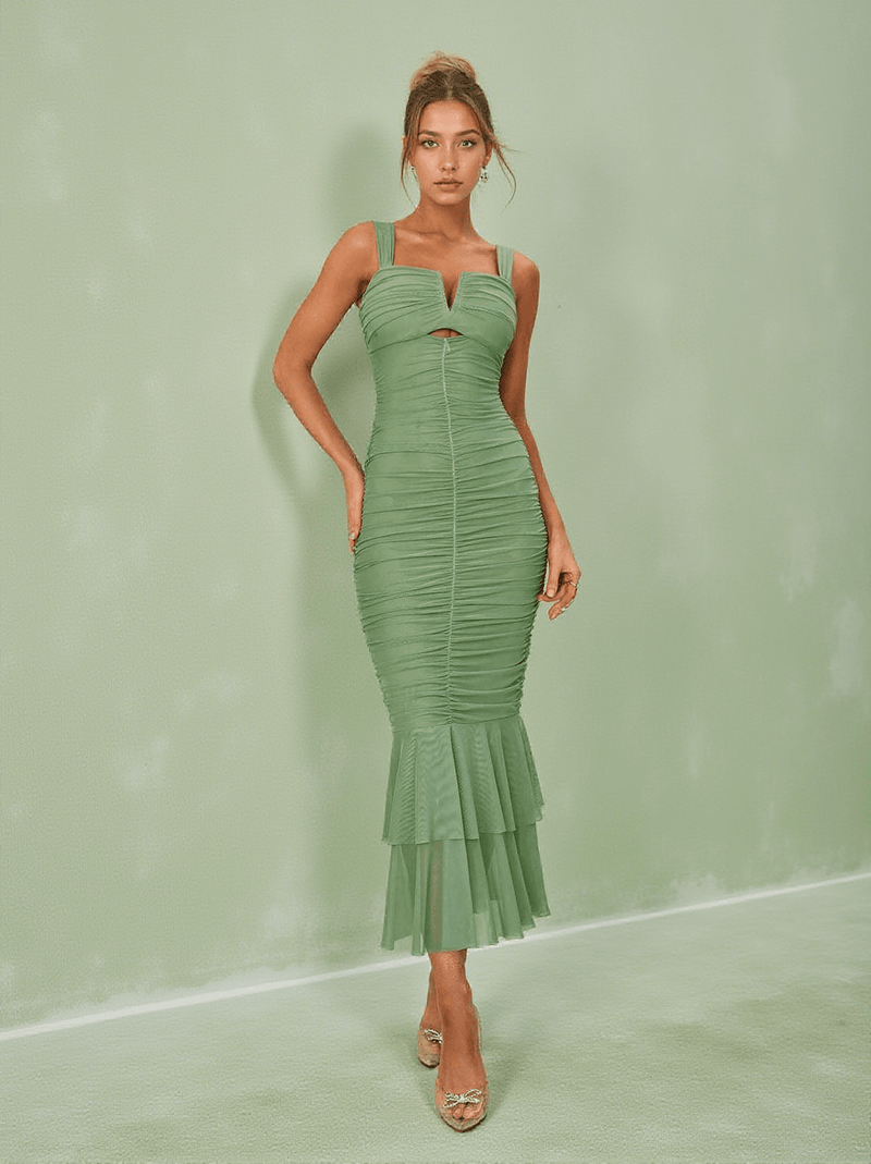 Eri Ruched Mesh Maxi Dress In Green