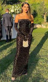 LEOPARD OFF SHOULDER EVENING GLOVES MAXI DRESS