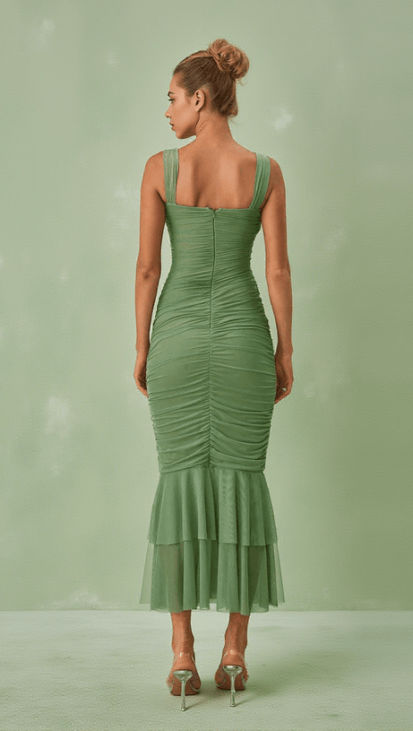 ERI RUCHED MESH MAXI DRESS IN GREEN